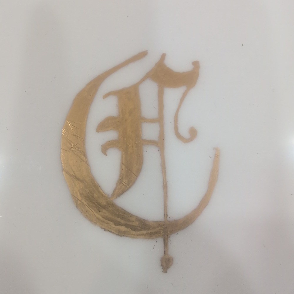 Annie Jones Hand Painted Porcelain Cake Plate Gold Gilt Monogram Scalloped White - Picture 3 of 5